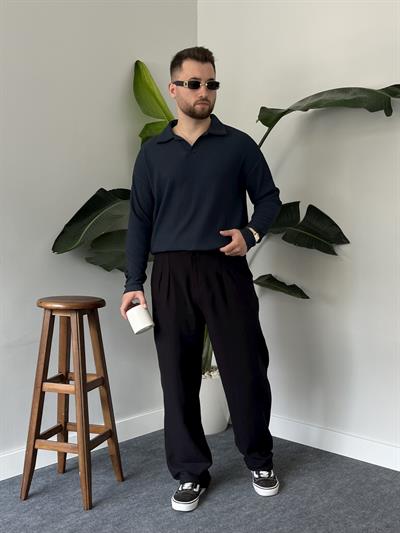 Lacivert Fitilli Polo Yaka Triko Sweat