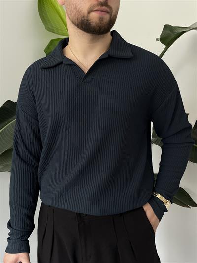 Lacivert Fitilli Polo Yaka Triko Sweat