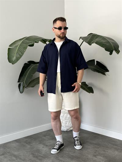 Lacivert Fresh Keten Oversize Gömlek