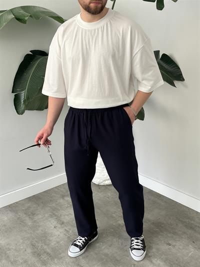 Lacivert Gabardin Keten Baggy Pantolon