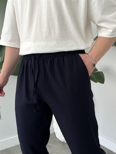 Lacivert Gabardin Keten Baggy Pantolon