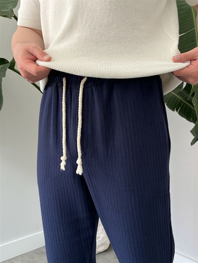 Lacivert Halat Bağcık Detay Desenli Baggy Pantolon