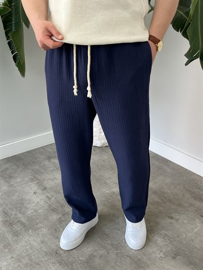 Lacivert Halat Bağcık Detay Desenli Baggy Pantolon