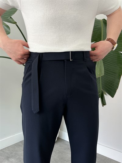 Lacivert Kemer Detaylı Kumaş Baggy Pantolon