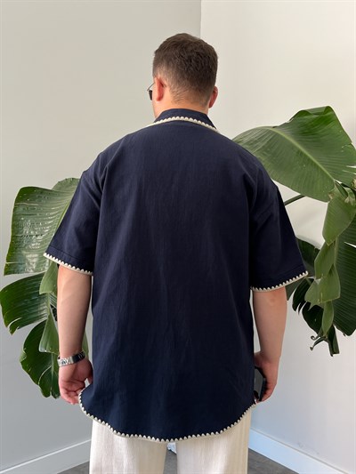 Lacivert Kontrast Dikiş Keten Oversize Gömlek