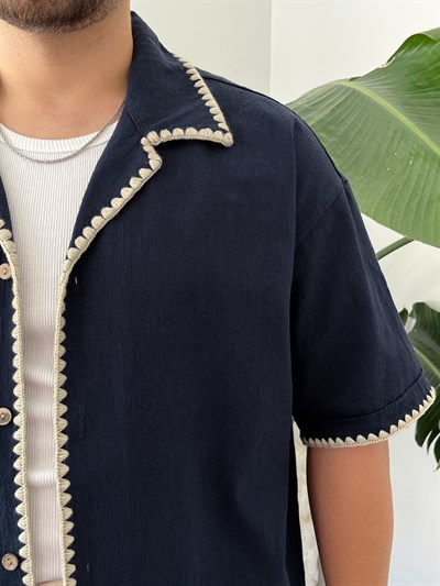 Lacivert Kontrast Dikiş Keten Oversize Gömlek