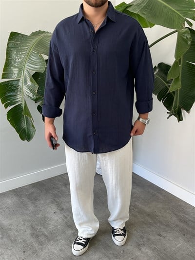 Lacivert Krinkıl Oversize Gömlek