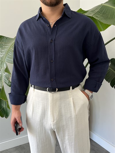Lacivert Krinkıl Oversize Gömlek