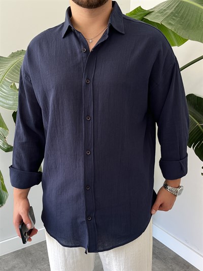 Lacivert Krinkıl Oversize Gömlek