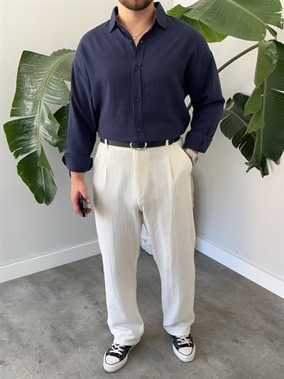 Lacivert Krinkıl Oversize Gömlek