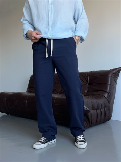 Lacivert Lizalı Pamuk Keten Baggy Pantolon