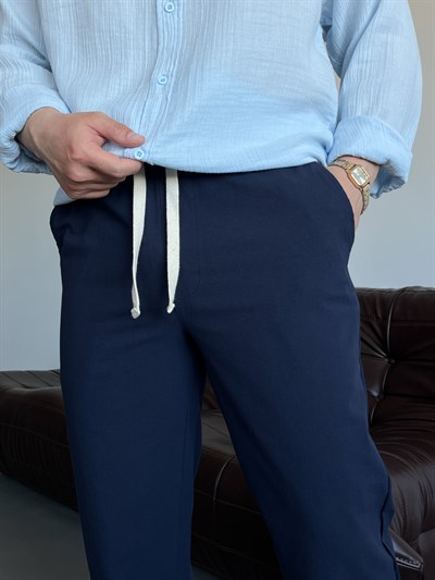 Lacivert Lizalı Pamuk Keten Baggy Pantolon