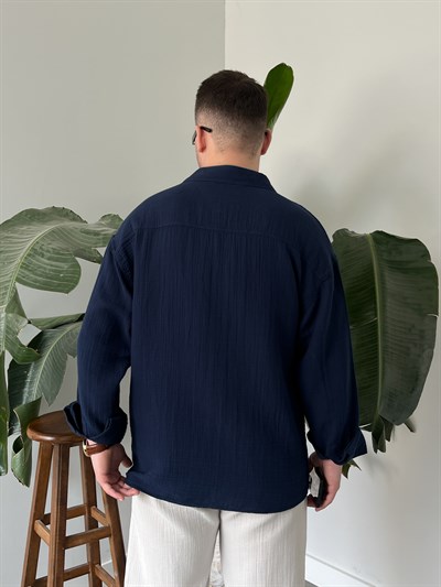 Lacivert Premium Müslin Dokulu Oversize Gömlek