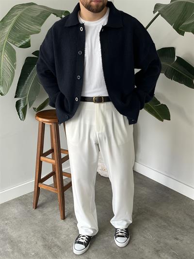 Lacivert Örme Düğmeli Polo Yaka Oversize Hırka