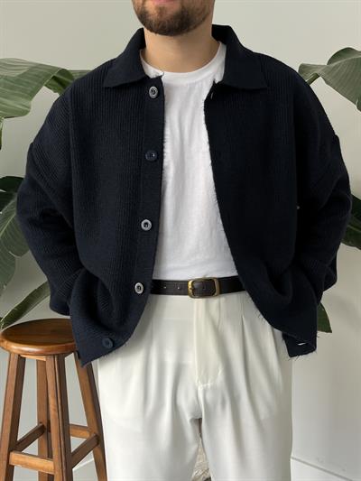 Lacivert Örme Düğmeli Polo Yaka Oversize Hırka