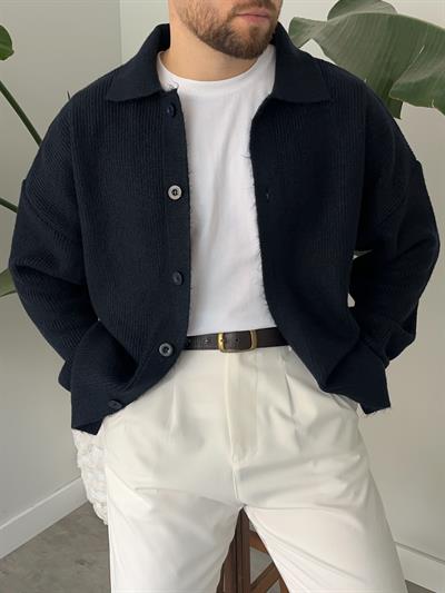 Lacivert Örme Düğmeli Polo Yaka Oversize Hırka