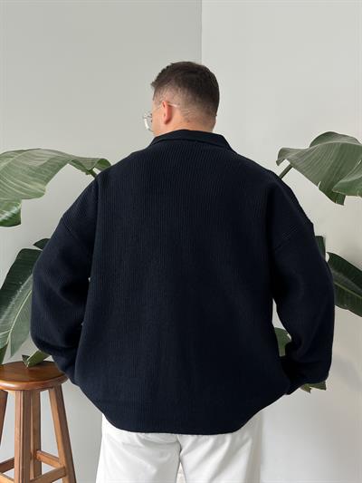 Lacivert Örme Düğmeli Polo Yaka Oversize Hırka