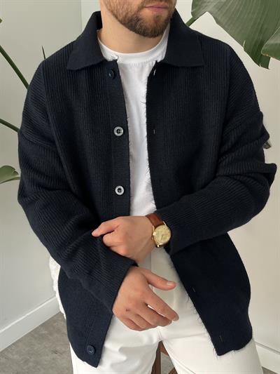 Lacivert Örme Düğmeli Polo Yaka Oversize Hırka
