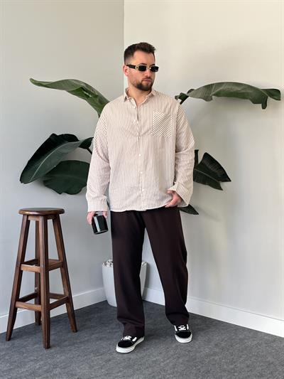 Linea Krem Çizgili Oversize Gömlek