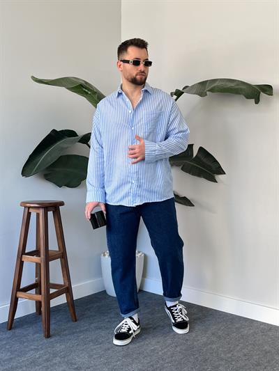 Linea Mavi Çizgili Oversize Gömlek