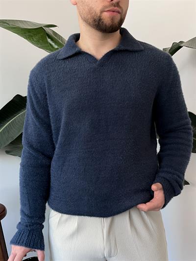 Luxe Lacivert Polo Yaka Fluffy Örgü Kazak