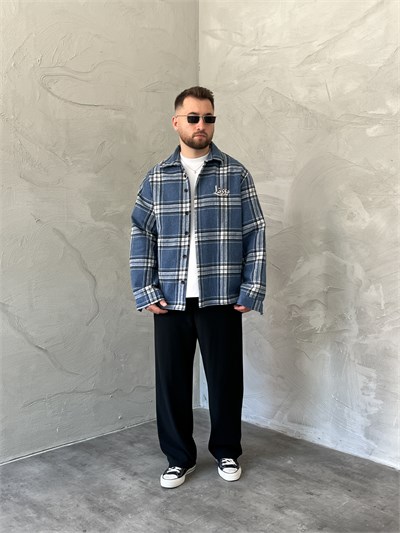 Mavi Baskılı Oversize Ekose Gömlek