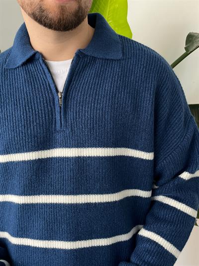 Mavi Çizgili Fermuar Detaylı Oversize Triko Kazak
