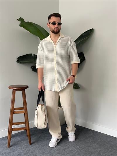 Mavi Çizgili Gömlek Görünümlü Oversize T-shirt