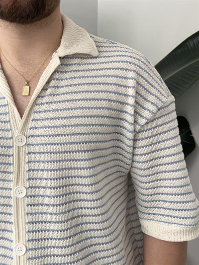 Mavi Çizgili Gömlek Görünümlü Oversize T-shirt
