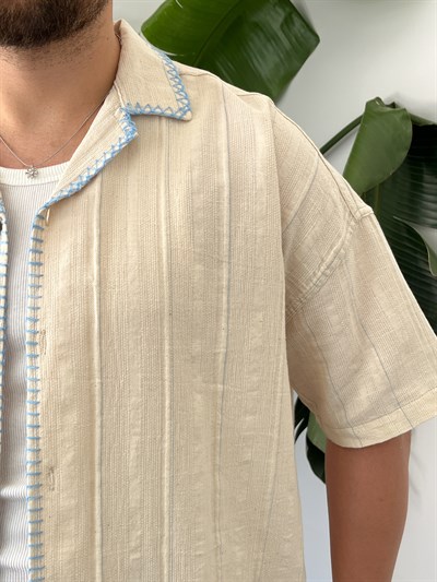 Mavi Çizgili Kontrast Dikiş Oversize Takım