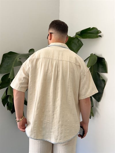 Mavi Çizgili Kontrast Dikiş Oversize Takım