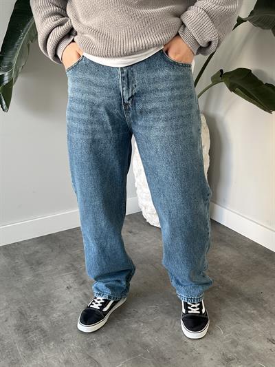 Mavi Yıkamalı Efekt Detaylı Baggy Jean