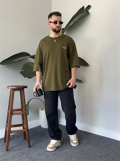 Minimal Yazı Baskı Haki Oversize T-shirt