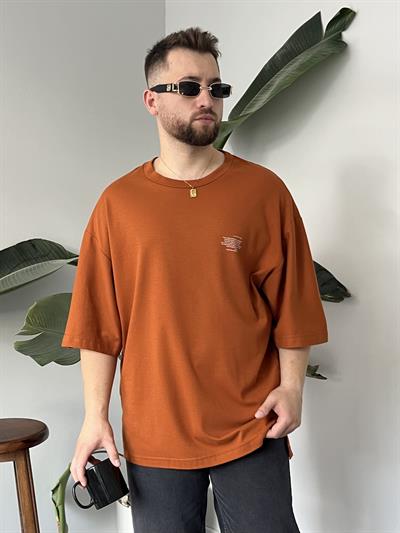 Minimal Yazı Baskı Kiremit Oversize T-shirt