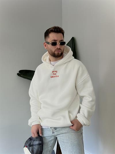 Nakışlı Beyaz Hoodie