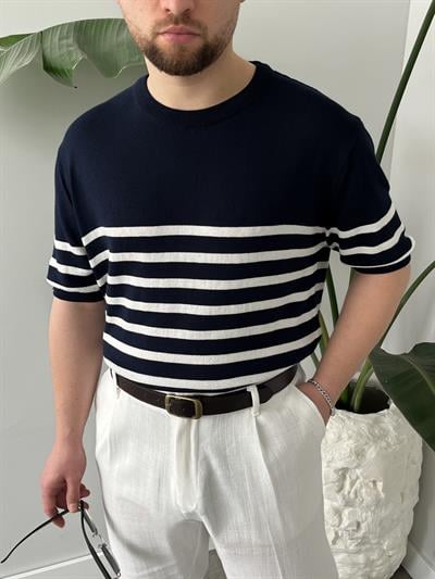 Nord Lacivert Çizgili Bisiklet Yaka Triko T-shirt