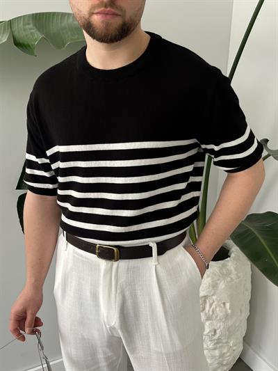 Nord Siyah Çizgili Bisiklet Yaka Triko T-shirt