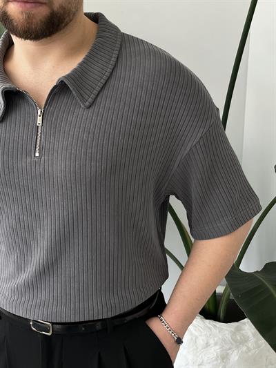 Onyx Gri Yıkamalı Polo Yaka Yarım Fermuar T-Shirt