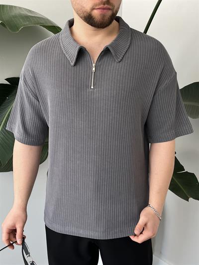 Onyx Gri Yıkamalı Polo Yaka Yarım Fermuar T-Shirt