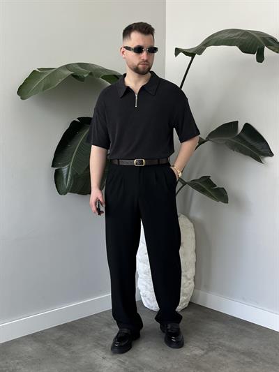 Onyx Siyah Yıkamalı Polo Yaka Yarım Fermuar T-Shirt