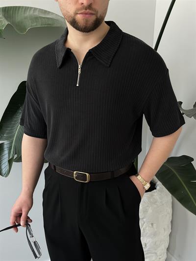 Onyx Siyah Yıkamalı Polo Yaka Yarım Fermuar T-Shirt