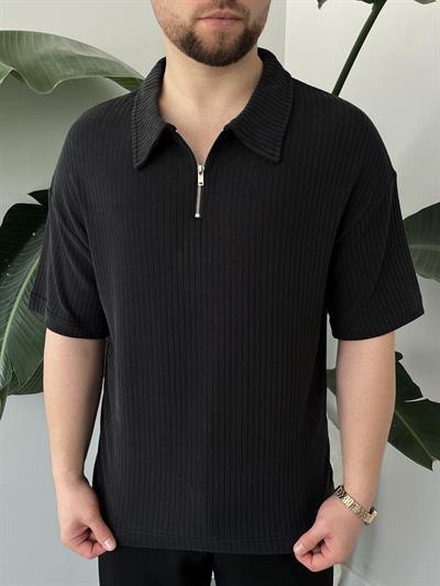 Onyx Siyah Yıkamalı Polo Yaka Yarım Fermuar T-Shirt