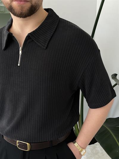 Onyx Siyah Yıkamalı Polo Yaka Yarım Fermuar T-Shirt