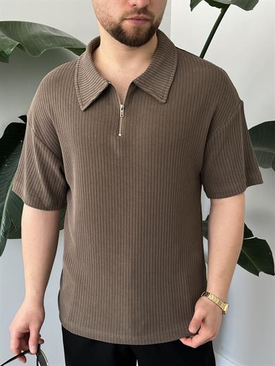 Onyx Vizon Yıkamalı Polo Yaka Yarım Fermuar T-Shirt