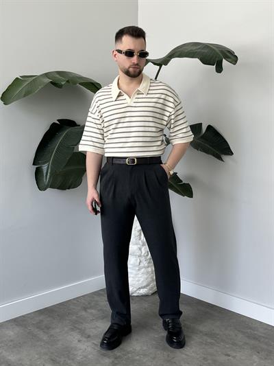 Oslo Gri Çizgili Polo Yaka Oversize T-shirt