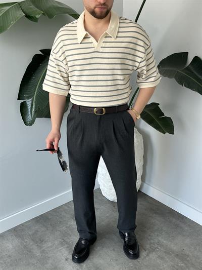 Oslo Gri Çizgili Polo Yaka Oversize T-shirt