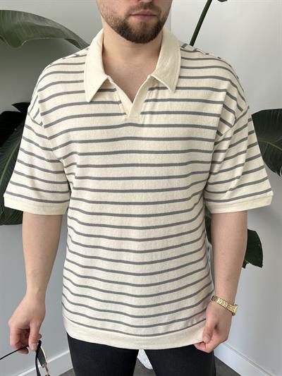 Oslo Gri Çizgili Polo Yaka Oversize T-shirt