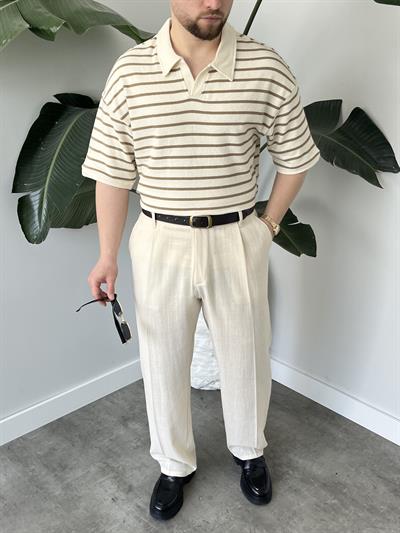 Oslo Kahve Çizgili Polo Yaka Oversize T-shirt