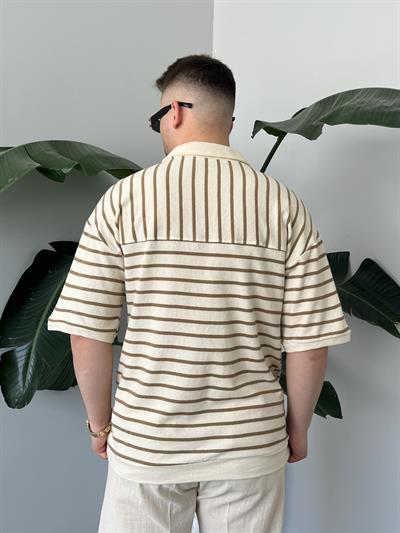 Oslo Kahve Çizgili Polo Yaka Oversize T-shirt