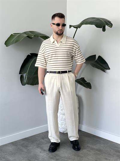 Oslo Kahve Çizgili Polo Yaka Oversize T-shirt